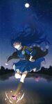  1girl absurdres black_socks blue_dress blue_hair closed_mouth commentary dress floating_hair frills full_body full_moon geta hat highres iizunamaru_megumu kazemachi_rain long_hair looking_at_viewer moon outdoors pointy_ears red_eyes sky smile socks solo standing standing_on_one_leg star_(sky) starry_sky tengu-geta three-quarter_sleeves tokin_hat touhou twitter_username water 