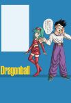  1boy 1girl absurdres arm_warmers belt belt_buckle black_eyes black_hair blue_eyes blue_gloves blue_hair boots bra_(dragon_ball) bridal_gauntlets buckle cellphone commentary_request crop_top dragon_ball dragon_ball_gt earrings gloves gold_buckle gold_earrings hairband highres holding holding_phone hoop_earrings jewelry midriff miniskirt muscular muscular_male neck_ring phone red_boots red_bridal_gauntlets red_gloves red_hairband red_shirt red_skirt red_tank_top ruemr03190_0 shirt skirt smile son_goten tank_top thigh_boots zettai_ryouiki 
