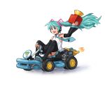  1girl 2020 absurdres aqua_hair arm_tattoo blue_eyes boots commentary detached_sleeves driving english_commentary full_body hatsune_miku headphones highres holding mario_(series) mario_kart miniskirt parody pleated_skirt race_vehicle signature sitting skirt snoozincopter solo tattoo thigh_boots twintails vocaloid 