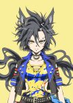  1girl air_shakur_(umamusume) air_shakur_(unsigned)_(umamusume) animal_ears belt black_choker black_hair black_jacket black_shorts choker closed_mouth clothing_cutout ear_chain ear_ornament eyebrow_piercing face_piercing highres horse_ears horse_girl jacket linked_piercing long_hair long_sleeves looking_at_viewer open_clothes open_jacket piercing sharp_teeth shirt shorts simple_background solo teeth umamusume upper_body yellow_background yellow_eyes yellow_shirt zukki_(bijitaru) 