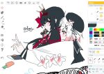  2girls armband art_program_in_frame artist_name beret black_coat black_hair black_hat black_shirt coat collared_coat collared_shirt commentary_request crown flower foopy gradient_hair hair_flower hair_ornament hat hat_flower hat_ribbon long_hair mahou_shoujo_no_majo_saiban multicolored_hair multiple_girls necktie nikaido_hiro outstretched_hand pink_eyes pink_hair red_armband red_eyes red_necktie ribbon sakuraba_ema shirt short_hair signature white_hair white_shirt x_hair_ornament yuri 