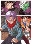  5boys absurdres armor bandana bandana_around_neck blonde_hair blue_bodysuit blue_boots blue_eyes blue_hair blue_jacket blue_sash blue_shirt bodysuit boots clenched_hands clenched_teeth closed_mouth colored_skin commentary_request copyright_name dougi dragon_ball dragon_ball_super earrings evil_grin evil_smile gloves goku_black green_eyes green_skin grin group_picture highres holding holding_sword holding_weapon jacket jewelry looking_at_viewer male_focus multiple_boys muscular muscular_male orange_pants orange_shirt pants pectoral_cleavage pectorals pointy_ears potara_earrings red_bandana ruemr03190_0 saiyan_armor sash serious sheath shirt short_hair smile smirk son_goku spiked_hair sword sword_on_back teeth trunks_(dragon_ball) trunks_(future)_(dragon_ball) vegeta weapon weapon_on_back white_armor white_gloves white_hair wristband zamasu 