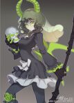  1girl black_dress black_hair black_rock_shooter commentary_request dead_master demon_girl demon_horns dress green_eyes horns j.lili looking_at_viewer short_hair_with_long_locks solo 