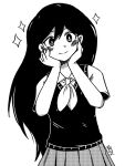  1girl blush bright_pupils closed_mouth collared_shirt commentary double-parted_bangs english_commentary greyscale hair_behind_ear hair_between_eyes hands_on_own_cheeks hands_on_own_face highres long_hair looking_at_viewer mari_(headspace)_(omori) mari_(omori) monochrome nrdeluxe omori pleated_skirt shirt short_hair short_sleeves simple_background skirt smile solo sweater_vest upper_body 