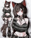  1girl :o absurdres animal_ears arm_at_side armpit_crease arms_at_sides asymmetrical_legwear belt belt_buckle belt_collar black_belt black_camisole black_collar black_hair black_leggings black_nails black_ribbon black_shoes black_shorts black_sweater black_tail blush breasts buckle camisole cleavage collar commentary crop_top cropped_sweater cutoffs denim denim_shorts detached_leggings fingernails flower frills grey_thighhighs hair_intakes highres laddered_thighhighs large_breasts leggings long_fingernails long_hair long_sleeves looking_at_viewer midriff multiple_views nail_polish navel neck_ribbon o-ring off-shoulder_sweater off_shoulder original oysi_mysi panty_straps parted_bangs parted_lips pink_lips polka_dot red_eyes red_flower ribbon shoes shorts single_bare_shoulder single_off_shoulder single_thighhigh striped_clothes striped_sweater sweater swept_bangs thigh_belt thigh_strap thighhighs torn_clothes torn_leggings torn_shorts torn_sweater torn_thighhighs untranslatable_commentary very_long_hair 