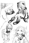  4girls absurdres arm_tattoo blush boots breasts candy commentary_request flat_chest food greyscale hat highres hood hoodie jewelry lollipop looking_at_viewer medium_breasts medium_hair monochrome multiple_girls necklace nipples nude original short_hair sitting smile sweater tattoo turtleneck turtleneck_sweater tying_hair untsuku 