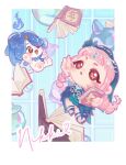  1girl ahoge animal aqua_dress baobao_gu_zhence_yuan bare_shoulders blue_bow blue_bowtie blue_cloak blue_dress blue_fire blue_sandals blue_veil book border bow bowtie braid brown_eyes candle_wax cat character_name chibi chinese_commentary circlet cloak clothed_animal coattails commentary_request dress eyes_visible_through_hair fire floating floating_hair flower flower_in_eye halter_dress halterneck happy hat_feather heart heart_of_string highres holding holding_book hood hood_up hooded_cloak indoors infinity_nikki layered_dress light_blush long_hair low_twin_braids luster_covenant_(infinity_nikki) momo_(nikki) nikki_(nikki) nikki_(series) official_alternate_costume one_eye_covered open_mouth outside_border pawpads pink_flower pink_hair reaching sandals star_(symbol) star_in_eye symbol_in_eye tailcoat tareme twin_braids veil very_long_hair white_border white_cat x_navel 