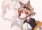  1girl absurdres animal_ears arknights black_dress black_tiara blush breasts brown_eyes brown_hair cat_ears cat_girl commentary_request cross cross_tie crossed_bangs diamond-shaped_pupils diamond_(shape) dress flower hair_between_eyes hair_flower hair_ornament highres jacket jacket_partially_removed keekee22 large_breasts leaning_forward looking_at_viewer medium_hair off_shoulder orange_jacket red_cross red_pupils smile solo symbol-shaped_pupils tiara twitter_username underbust vendela_(arknights) white_background white_dress zoom_layer 