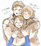  1boy 2girls blonde_hair blue_dress brother_and_sister brown_hair commentary_request dress dungeon_meshi elf facing_viewer falin_touden group_hug happy highres hug laios_touden light_blush long_hair marcille_donato medium_hair multiple_girls pointy_ears shirt short_hair siblings smile suhukit translated upper_body white_background white_shirt 