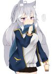 1girl absurdres ahoge animal_ear_fluff animal_ears black_skirt blue_jacket blue_scarf blush braid breasts bubble_tea closed_mouth commentary_request covered_mouth cup disposable_cup drinking_straw grey_hair hair_between_eyes highres holding holding_cup jacket long_hair long_sleeves medium_breasts multicolored_hair nyaha open_clothes open_jacket original pleated_skirt ponytail purple_eyes scarf simple_background skirt solo streaked_hair sweater translation_request very_long_hair white_background white_hair white_sweater 