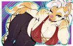  anastasya anthro breasts cleavage clothed clothing gynomorph hi_res hyena intersex looking_at_viewer mammal one_eye_closed pose shybred slightly_chubby solo striped_hyena tongue tongue_out wink winking_at_viewer 