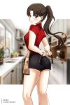  1girl absurdres apron artist_name ass bare_legs black_nails black_shorts blue_eyes blurry blurry_background blush breasts brown_apron brown_hair cat commentary emiya-san_chi_no_kyou_no_gohan eyelashes fate/stay_night fate_(series) fingernails from_behind highres housewife indoors kitchen long_hair looking_at_viewer looking_back medium_breasts nail_polish out_of_frame paid_reward_available parted_bangs ponytail red_shirt shirt short_shorts short_sleeves shorts simple_background small_breasts smile solo thighs tohsaka_rin twitter_username tying_apron xkzan 