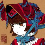  1girl :o brown_background brown_eyes brown_hair collar commentary_request frilled_collar frills headscarf horns looking_to_the_side original ringed_eyes short_hair simple_background solo upper_body yamakita_higashi 