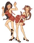  2girls aerith_gainsborough alternate_costume bare_shoulders black_hair black_shoes blush braid braided_ponytail breasts bronzeyolk brown_hair cleavage closed_eyes commentary dancing dress english_commentary final_fantasy final_fantasy_vii full_body hair_ribbon high_heel_sandals high_heels highres jewelry large_breasts leaning_forward long_hair low-tied_long_hair medium_breasts multiple_girls nail_polish necklace off-shoulder_dress off_shoulder open-toe_shoes parted_bangs parted_lips pink_dress pink_ribbon red_dress red_nails ribbon sandals sash shoes short_dress sidelocks single_braid smile standing standing_on_one_leg tifa_lockhart toenail_polish toenails waist_sash white_background 