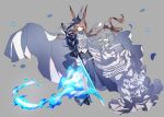  1girl amiya_(arknights) amiya_(guard)_(arknights) amiya_(guard)_(in_a_myriad_of_universes)_(arknights) animal_ears arknights black_shoes black_skirt blue_eyes blue_fire bow brown_hair cape center_frills commentary contrapposto fire frills grey_background highres holding holding_sword holding_weapon johyang_e korean_commentary layered_skirt long_hair petals pleated_skirt rabbit_ears shirt shoes simple_background skirt solo sword twitter_username weapon white_cape white_shirt white_skirt 