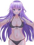  1girl alternate_costume backlighting bare_arms bikini black_bikini blue_eyes blunt_ends blush breasts cleavage closed_mouth collarbone commentary crossed_bangs eyelashes eyes_visible_through_hair floating_hair front-tie_bikini_top front-tie_top groin hair_between_eyes halterneck highres hugging_viewer large_breasts long_hair looking_at_viewer midriff navel purple_hair shiki_samapoke sidelocks simple_background skindentation smile solo sorakado_ai stomach straight-on summer_pockets swimsuit tsurime very_long_hair white_background 