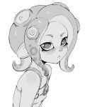  1girl agent_8_(splatoon) bare_shoulders blush breasts closed_mouth collarbone commentary english_commentary from_side greyscale highres long_hair looking_at_viewer monochrome obsydian0x octoling order_suit_(splatoon) overalls small_breasts solo splatoon_(series) splatoon_2 suction_cups tentacle_hair upper_body 