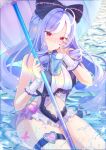  1girl absurdres bare_shoulders blush bow breasts clothing_cutout commentary_request cup day drill_hair drink enpixi frilled_one-piece_swimsuit frilled_wrist_cuffs frills hair_bow hand_on_own_cheek hand_on_own_face highres holding holding_umbrella large_breasts long_hair looking_at_viewer multicolored_hair navel official_alternate_costume one-piece_swimsuit outdoors pointy_ears purple_bow purple_hair purple_nails purple_umbrella red_eyes sideboob_cutout solo stomach_cutout swimsuit thigh_strap umbrella vivian_banshee vivian_banshee_(iris_of_the_shore) water wet white_one-piece_swimsuit wrist_cuffs zenless_zone_zero 