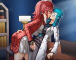  2girls against_table alternate_costume anna_(fire_emblem) anna_(fire_emblem_warriors) ass asymmetrical_docking black_gloves black_skirt blue_eyes blush breast_press breasts censored coat commentary commission crossover fingering fingerless_gloves fire_emblem fire_emblem_warriors french_kiss glasses gloves hair_rings hat highres indoors kiss leaning_back leaning_forward mable_(pokemon) medium_breasts mosaic_censoring multiple_girls open_clothes open_coat pantyhose pleated_skirt pokemon pokemon_legends:_z-a ponytail print_skirt red_hat safety_glasses saikunartworks shirt sidelocks skirt smile thighs tongue tongue_out torn_clothes torn_pantyhose vaginal yuri 
