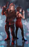  1boy 1girl ada_wong back-to-back bare_shoulders black_choker black_gloves black_hair black_pantyhose black_shoes blue_eyes bracelet breasts brown_eyes brown_hair brown_jacket choker closed_mouth commentary_request dress fingerless_gloves full_body fur-trimmed_jacket fur_trim gloves gun handgun high_heels highres holding holding_gun holding_weapon holster jacket jewelry leon_s._kennedy medium_breasts namiru319 pantyhose parted_bangs rain red_dress resident_evil resident_evil_2 resident_evil_2_(remake) resident_evil_4 resident_evil_4_(remake) shoes short_dress short_hair sleeveless sleeveless_dress thigh_holster trigger_discipline twitter_username weapon 