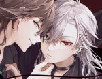  2boys brown_hair choker cure_heart_(artist) ear_piercing earrings fingernails grey_eyes grey_hair hair_between_eyes hair_ornament hand_on_another's_chin jewelry kanae_(nijisanji) kuzuha_(nijisanji) long_hair looking_at_viewer male_focus mole mole_under_eye multiple_boys nail_polish nijisanji piercing pointy_ears red_eyes red_nails sharp_fingernails smile upper_body virtual_youtuber x_hair_ornament yaoi 