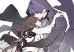  1boy 1girl black_gloves black_jacket brown_hair closed_eyes commentary_request couple crying gloves hetero highres hood hood_up hooded_jacket hug jacket long_hair love_and_deepspace parted_bangs parted_lips protagonist_(love_and_deepspace) purple_hair rafayel_(abysswalker)_(love_and_deepspace) rafayel_(love_and_deepspace) short_hair sketch tang_xinzi tears twitter_username upper_body 