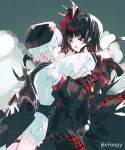  2girls absurdres armband artist_name beret black_coat black_hair black_shirt black_skirt closed_eyes coat commentary flower flower-trimmed_shorts flower-trimmed_sleeves foopy gloves gradient_hair hair_flower hair_ornament hat highres hug layered_skirt long_hair long_sleeves mahou_shoujo_no_majo_saiban multicolored_hair multiple_girls nikaido_hiro open_mouth pink_hair puffy_sleeves red_armband red_eyes red_flower red_skirt sakuraba_ema shirt short_hair signature skirt smile thigh_strap untranslatable_commentary watermark white_flower white_gloves white_hair yuri 