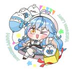  >_< 1girl ahoge balloon birthday blue_coat blue_hair blush blush_stickers character_balloon chibi chibi_only cleavage_cutout clothing_cutout coat commentary_request daifuku_(yukihana_lamy) english_text flower from_side full_body fur-trimmed_sleeves fur_trim gift hair_flower hair_ornament happy_birthday heart heart_ahoge highres hololive long_hair looking_at_viewer neck_ribbon one_eye_closed open_mouth ribbon snowflake_print solo suzunami_illust teeth thighhighs upper_teeth_only virtual_youtuber white_background yamenaa_(momosuzu_nene) yellow_eyes yukihana_lamy yukihana_lamy_(1st_costume) yukimin_(yukihana_lamy) 