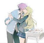  1boy 1girl aqua_streaks bandaged_wrist bandages black_jacket black_pants blazer blue_cardigan blue_skirt blush cardigan closed_eyes collared_shirt commentary corrupted_file couple cowboy_shot desk diagonal-striped_clothes diagonal-striped_necktie dress_shirt green_hair hair_between_eyes hand_on_table hand_up hetero highres holding_hands jacket kamishiro_rui kamiyama_high_school_uniform_(project_sekai) kiss kusanagi_nene layered_sleeves long_hair long_sidelocks long_sleeves looking_at_another low-tied_sidelocks multicolored_hair necktie open_cardigan open_clothes pants plaid_clothes plaid_skirt pleated_skirt project_sekai purple_eyes purple_hair school_desk school_uniform shirt short_hair sidelocks simple_background skirt streaked_hair striped_clothes striped_necktie white_background white_shirt wide-eyed yukifish 