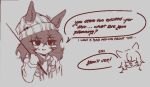  2girls animal_ears beanie billiards booblovr8129 brown_theme ears_through_headwear english_text grey_background hat horse_ears horse_girl implied_yuri jacket monochrome multiple_girls nakayama_festa_(umamusume) nervous_smile non-web_source open_clothes open_jacket self-upload simple_background sirius_symboli_(umamusume) smile speech_bubble sweatdrop umamusume upper_body 