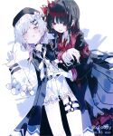  absurdres armband belt beret black_capelet black_choker black_coat black_hair black_hat black_shirt black_skirt capelet choker coat collared_coat collared_shirt commentary flower flower-trimmed_shorts flower-trimmed_sleeves foopy gloves gradient_hair hair_flower hair_ornament hat hat_flower highres holding_another's_arm layered_skirt long_hair long_skirt long_sleeves lying mahou_shoujo_no_majo_saiban multicolored_hair neck_ribbon necktie nikaido_hiro o-ring o-ring_thigh_strap open_mouth pink_eyes pink_hair pleated_capelet puffy_sleeves red_armband red_eyes red_necktie red_skirt ribbon sakuraba_ema sheet_grab shirt short_hair side_capelet skirt smile thigh_strap untranslatable_commentary watermark white_gloves white_hair white_ribbon white_shirt white_sleeves x_hair_ornament yuri 