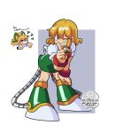  >_< 1girl absurdres android blonde_hair bow chest_jewel chibi chibi_inset commentary derivative_work english_commentary english_text full_body grabbing_own_hair green_bow green_shirt green_skirt hair_bow highres holding_own_hair index_finger_raised leaning_forward mega_man_(classic) mega_man_(series) official_art_redraw one_eye_closed original piano_(srnhuyuno) roll_(mega_man) scar scar_on_face shirt simple_background skirt solo srnhuyuno stitched_face stitches watermark white_shirt 