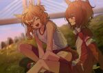  2girls :d agnes_tachyon_(umamusume) ahoge animal_ears arm_support blue_sky bridge brown_hair closed_eyes cloud collarbone commentary_request crossed_bangs day double-parted_bangs fang feet_out_of_frame full_body gradient_sky grass gul_(parfaitgul) hair_between_eyes highres hill horse_ears horse_tail huge_ahoge jacket jungle_pocket_(umamusume) looking_ahead medium_hair multiple_girls outdoors pink_sky red_eyes red_jacket red_shorts shirt shoes short_sleeves shorts sidelocks sitting sky sleeves_rolled_up smile sneakers sparkle sunset sweat tail tracen_training_uniform track_jacket umamusume white_shirt 