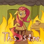 candy_meow candymeow333 caption chair coffee_mug equid equine eyelashes female feral fire fluttershy_(mlp) friendship_is_magic fur furniture hair hasbro hi_res house_fire mammal meme my_little_pony mythological_creature mythological_equine mythology pegasus pink_hair sitting smoke solo table this_is_fine wide_eyed wings yellow_body yellow_fur