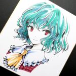  1girl ascot closed_mouth collared_shirt commentary_request frilled_shirt_collar frills green_hair kazami_yuuka looking_at_viewer plaid_clothes plaid_vest portrait red_eyes red_vest shikishi shirt short_hair simple_background smile solo touhou traditional_media tsubameyado vest white_background white_shirt yellow_ascot 