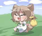  1girl :3 :d animal_ears barefoot bindle blue_sky blush brown_hair chibi chibi_only closed_eyes cloud commentary_request day fox_ears fox_girl fox_tail full_body grass green_ribbon hair_between_eyes holding kudamaki_tsukasa neck_ribbon open_mouth outdoors ribbon rokugou_daisuke romper short_hair short_sleeves signature sky sleeve_ribbon smile solo tail touhou walking white_romper 