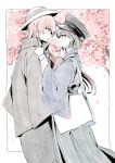  2girls absurdres bag bang_dream! bang_dream!_it's_mygo!!!!! black_coat black_hat blush cherry_blossoms chihaya_anon closed_mouth coat commentary_request eye_contact falling_petals gloves grey_eyes grey_hair grey_skirt hand_on_another's_shoulder hat highres long_hair looking_at_another multiple_girls outdoors parted_lips petals pink_eyes pink_hair profile short_hair shoulder_bag skirt smile suudori takamatsu_tomori white_gloves white_hat yuri 