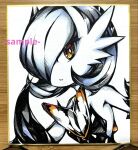  1girl alternate_color bare_shoulders black_dress black_gloves blue_hair bob_cut border colored_skin commentary_request dress elbow_gloves gardevoir gloves hair_over_one_eye hand_up looking_at_viewer marker_(medium) mega_gardevoir mega_pokemon one_eye_covered orange_eyes parted_lips photo_(medium) pokemon pokemon_(creature) sample_watermark shiny_pokemon short_hair silvy_(pixiv_114870827) simple_background solo strapless strapless_dress traditional_media upper_body watermark white_background white_skin yellow_border 