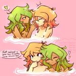  2girls ^_^ absurdres blonde_hair closed_eyes collarbone commentary critinikaqwq green_hair gumi heart highres kagamine_rin looking_at_another multiple_girls partially_submerged smile soap_bubbles speech_bubble spoken_heart tan thought_bubble untranslatable_commentary vocaloid water yuri 
