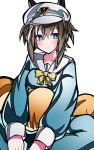  1girl animal_ears blue_eyes blue_pajamas blue_pants blue_shirt blush bow breasts brown_hair cheval_grand_(umamusume) closed_mouth collarbone commentary_request ear_covers ears_through_headwear hair_between_eyes hat hat_belt highres horse_ears horse_girl kikkasoon long_sleeves looking_at_viewer medium_breasts multicolored_hair pajamas pants peaked_cap shirt short_hair_with_long_locks simple_background solo streaked_hair stuffed_carrot umamusume white_hair white_hat white_streaks yellow_bow 