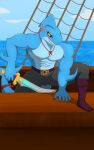 abs absurd_res anthro aquatic belt boots bottomwear clothing drakorg fish footwear half_naked hi_res male markings melee_weapon muscular muscular_anthro muscular_male nipples pants pecs sea shark ship shoes slade_(dungeons_of_aether) smile smirk solo sword tail vehicle water watercraft weapon yellow_eyes