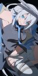  1girl absurdres armpits black_background blue_eyes blue_necktie commentary crossed_bangs denim double-parted_bangs eiyuu_densetsu floating_hair floating_neckwear glint grin hair_between_eyes half_updo highres holding holding_sword holding_weapon katana kuro_no_kiseki_(series) kuro_no_kiseki_ii long_hair looking_at_viewer loose_necktie midriff_peek navel necktie pants rope sakuraihum shimenawa shizuna_rem_misurugi sidelocks simple_background smile solo sword torn_clothes torn_pants untranslatable_commentary upper_body weapon white_hair white_pants 