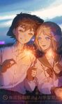  1boy 1girl absurdres ash_ketchum blonde_hair blue_eyes bow breast_pocket brown_eyes brown_hair collared_shirt commentary edogawa_kigoro fireworks grin hair_bow highres holding holding_fireworks long_sleeves outdoors pocket pokemon pokemon_(anime) pokemon_the_series:_xy school_uniform serafuku serena_(pokemon) shirt short_hair smile sparkler teeth twilight watermark 