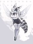  1girl abdomen_tail absurdres arms_under_breasts arthropod_girl black_neckerchief black_shoes black_shorts black_skirt blue_eyes breasts collared_shirt commentary_request contrapposto crossed_arms extra_arms full_body grey_thighhighs high-waist_shorts highres insect_wings large_breasts long_eyelashes long_sleeves multicolored_hair neckerchief original sbi_arki shirt shoes shorts skirt solo thighhighs two-tone_hair white_hair white_shirt wings 
