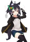  1girl absurdres ahoge animal_ear_fluff animal_ears beamed_sixteenth_notes black_gloves black_hair black_jacket black_thighhighs blue_shorts bow cat_hair_ornament commentary_request drawstring eighth_note fingerless_gloves fox_shadow_puppet gloves green_bow hair_between_eyes hair_bow hair_ornament hands_up highres holding holding_microphone jacket long_sleeves looking_at_viewer microphone multicolored_hair musical_note nyaha open_mouth original ponytail puffy_long_sleeves puffy_sleeves red_eyes shirt shorts simple_background solo streaked_hair tail thighhighs translation_request white_background white_shirt 