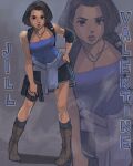  1girl absurdres andrewmalique artist_name blue_eyes blue_tube_top boots brown_hair character_name clothes_around_waist commentary gun hand_on_own_hip handgun highres holding holding_gun holding_weapon jewelry jill_valentine miniskirt necklace resident_evil resident_evil_3:_nemesis short_hair skirt strapless sweater sweater_around_waist tube_top weapon 