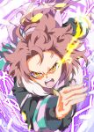  1girl ahoge animal_ears black_leggings black_shrug breasts brown_eyes brown_hair checkered_ribbon commentary_request dantsu_flame_(center_spotlight)_(umamusume) dantsu_flame_(umamusume) ear_covers ear_ribbon electricity eye_trail glowing glowing_eyes hair_between_eyes hairband highres horse_ears horse_girl leggings leggings_under_shorts light_trail looking_at_viewer open_mouth pink_hairband pink_shorts running shirt shorts shrug_(clothing) solo tail teeth tied_shirt umamusume upper_teeth_only white_hair zukki_(bijitaru) 