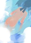  1girl afloat ass back blue_hair commentary completely_nude from_above from_behind highres long_hair nude original partially_submerged ripples solo umezawa_michiko water 