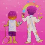  2023 2boys alternate_costume alternate_hair_color alternate_skin_color alternate_universe antenna_hair artist_name barefoot book brothers butterfly_net commentary english_commentary hand_net hero_(headspace)_(omori) hero_(omori) highres holding holding_book holding_butterfly_net holding_paintbrush invisible_floor kel_(headspace)_(omori) kel_(omori) long_sleeves madnopost male_focus multiple_boys omariposa omori open_book orange_hair paint_on_clothes paintbrush pajamas pants purple_hair purple_shorts short_hair shorts siblings standing striped_clothes striped_pajamas striped_pants tank_top vertical-striped_clothes vertical-striped_pajamas vertical-striped_pants white_pajamas white_pants white_tank_top 