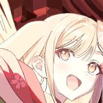  1girl :d akiran_(yachiyo-room) animal_ears blonde_hair cho_kaguya-hime! commentary_request fang floral_print hair_ornament japanese_clothes kaguya_(cho_kaguya-hime!) kimono lop_rabbit_ears lowres oekaki open_mouth orange_eyes portrait rabbit_ears rabbit_girl red_kimono smile solo 